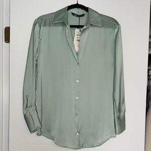 Zara Light Green Satin Button Down Shirt